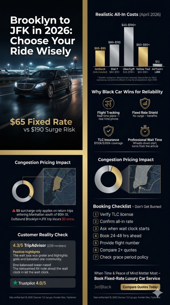 NYC For-Hire Vehicle Landscape 2026 — Black Cars vs Yellow Taxis vs Rideshare vs Subway luxury car service to JFK from Brooklyn NYC for-hire vehicle landscape comparison infographic 2026
