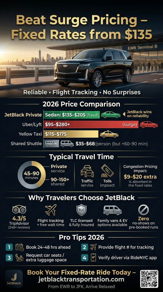 Infographic comparing affordable car service Newark airport to JFK pricing, time, and reliability 2026