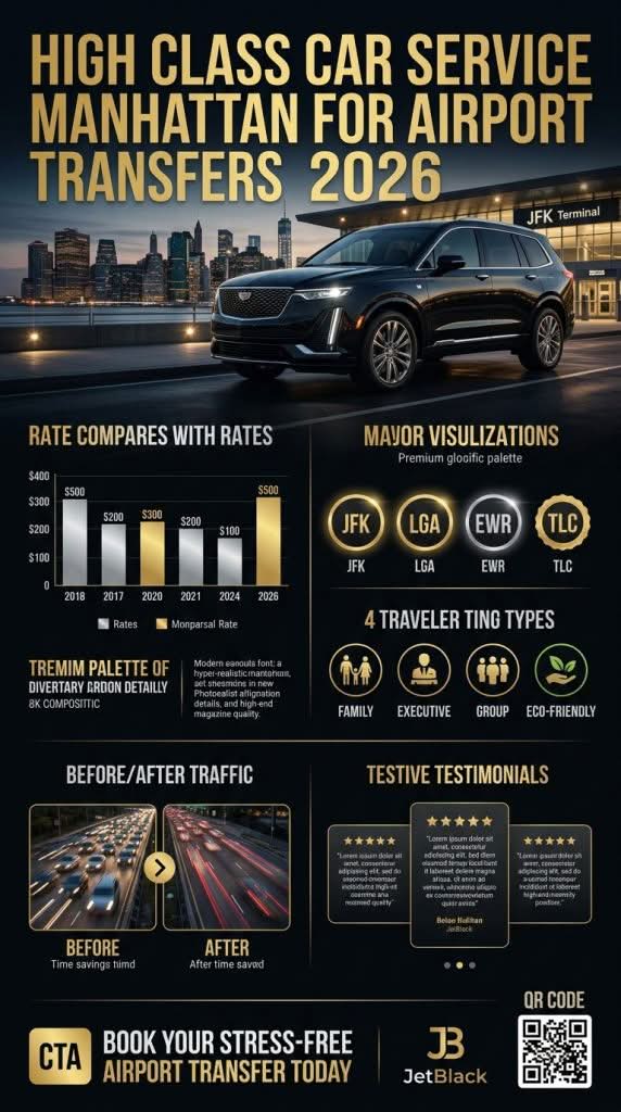 High class car service Manhattan for airport transfers pricing and benefits infographic