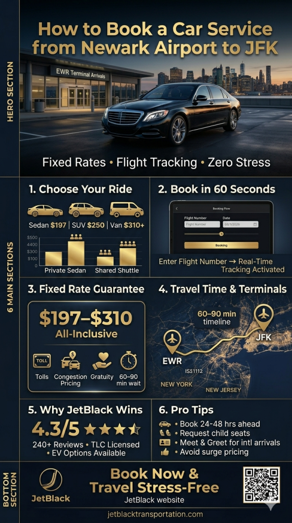 how to book a car service from Newark Airport to JFK cost and time comparison infographic