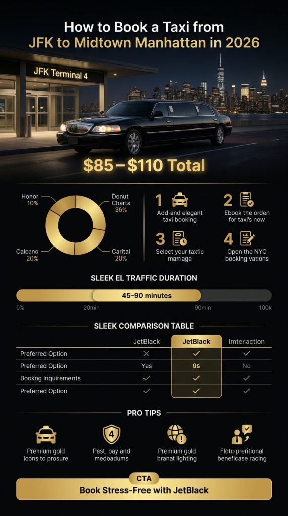 how to book a taxi from jfk to midtown manhattan Clear infographic breaking down how to book a taxi from JFK to Midtown Manhattan versus premium alternatives