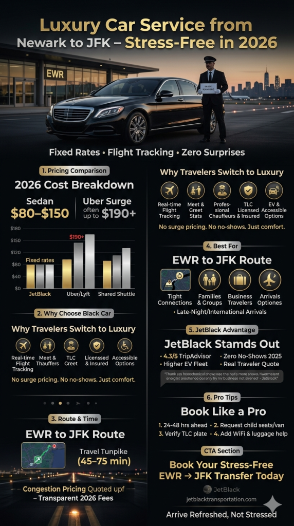 Infographic comparing luxury car service from Newark to JFK options and surcharges