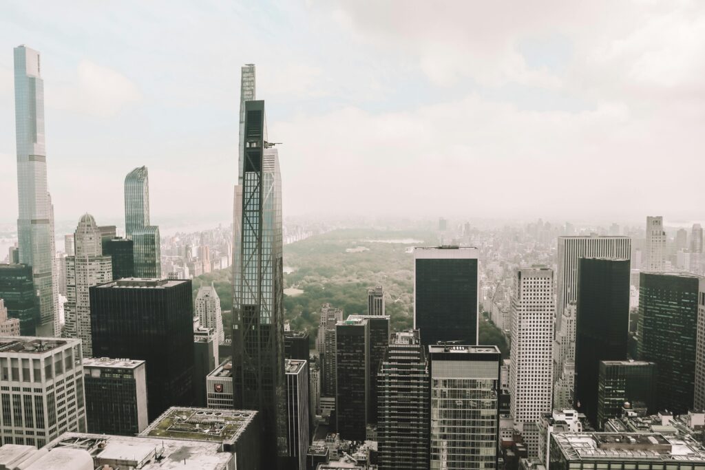 Stunning aerial view of Manhattan skyline with Central Park in the background, NYC.