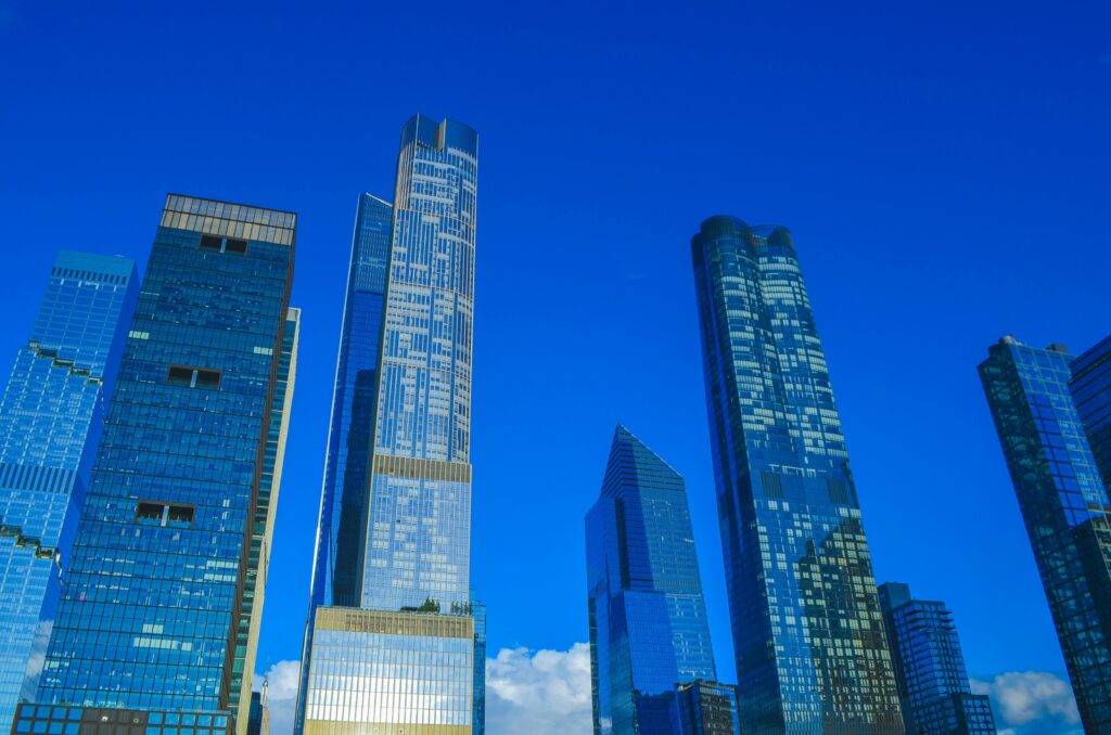 Captivating view of New York's iconic skyscrapers under a clear blue sky.