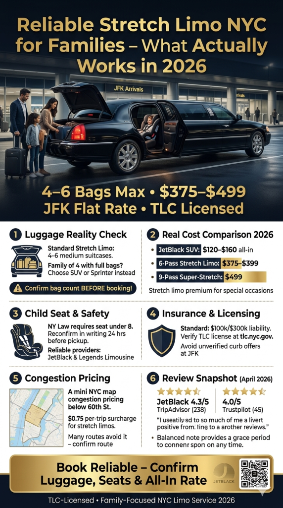 NYC for-hire vehicle landscape comparison infographic — black cars, yellow taxis, rideshares, and limos