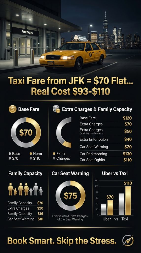 taxi fare from JFK full cost breakdown infographic showing flat rate surcharges tolls and tip 2026