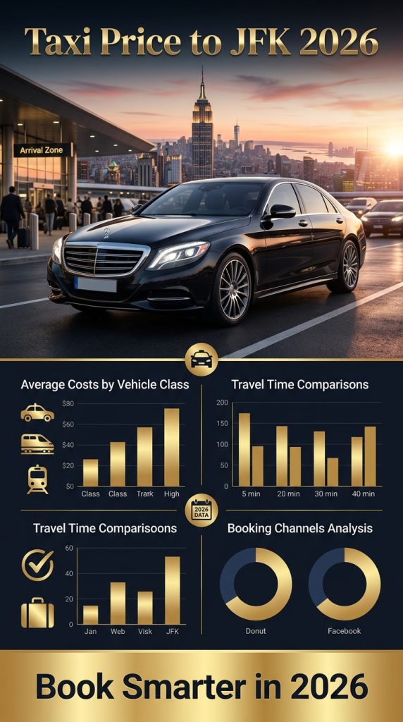 taxi price to JFK comparison infographic yellow cab black car rideshare subway 2026