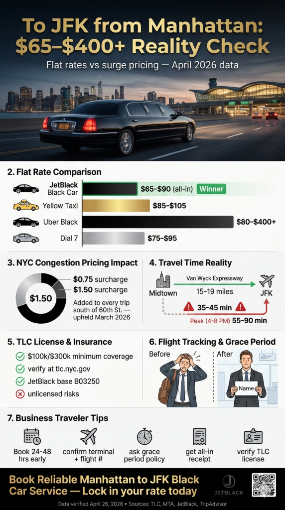 NYC For-Hire Vehicle Landscape — to JFK from Manhattan to JFK from Manhattan for-hire vehicle comparison infographic NYC black car yellow taxi rideshare