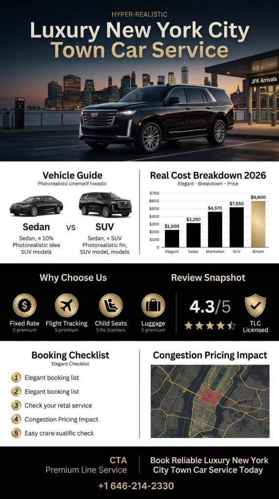 NYC For-Hire Vehicle Landscape 2026 NYC for-hire vehicle landscape comparison infographic — black cars, yellow taxis, rideshares, and luxury town car service