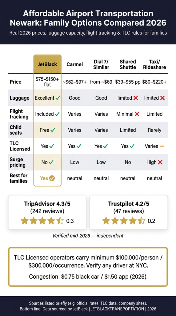 Affordable airport transportation Newark infographic 2026 – family options compared with prices, luggage capacity, flight tracking and TLC rules


