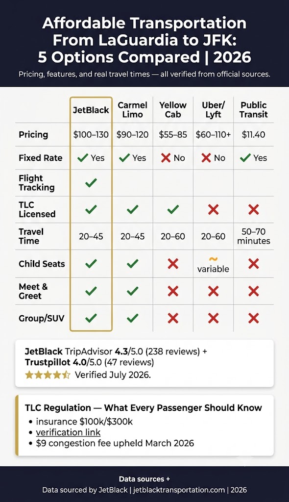 Affordable Transportation From LaGuardia to JFK: 5 Real Options Compared in 2026 3 October 13, 2026 Infographic affordable transportation from laguardia to jfk