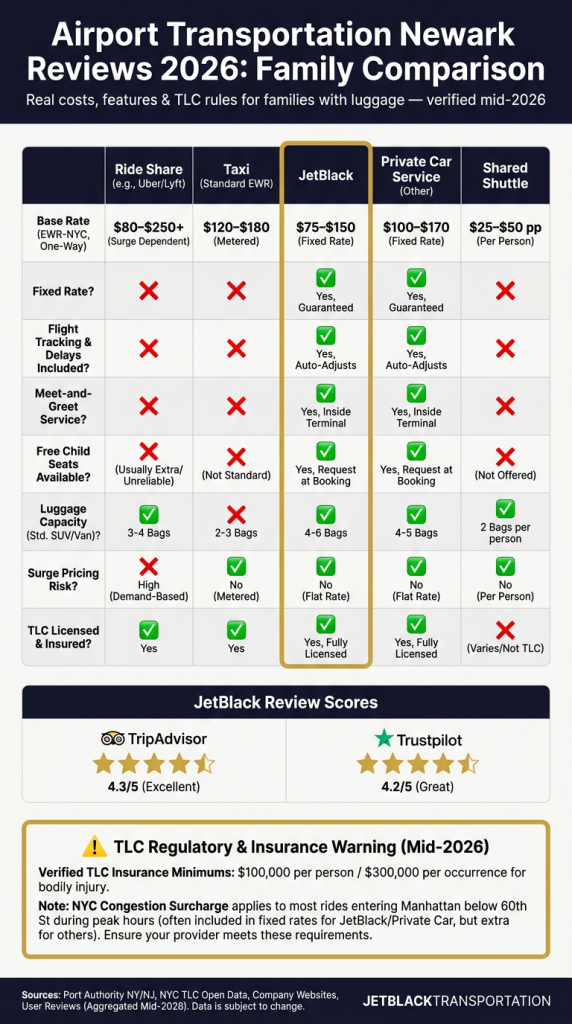 Airport Transportation Newark Reviews 2026 family comparison infographic showing private car rates, free child seats, TLC rules vs Uber and taxis

