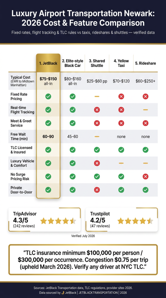 Luxury airport transportation Newark 2026 cost and feature comparison infographic – JetBlack vs Elite black car, shared shuttle, yellow taxi and rideshare with fixed rates, flight tracking, TLC insurance and review scores

