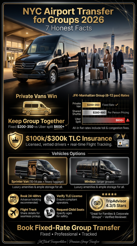 nyc airport transfer for groups 2026 cost and vehicle comparison infographic