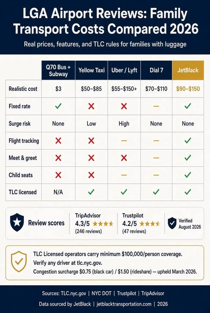lga airport reviews 2026 family transport cost comparison – JetBlack vs Uber, taxi & Dial 7