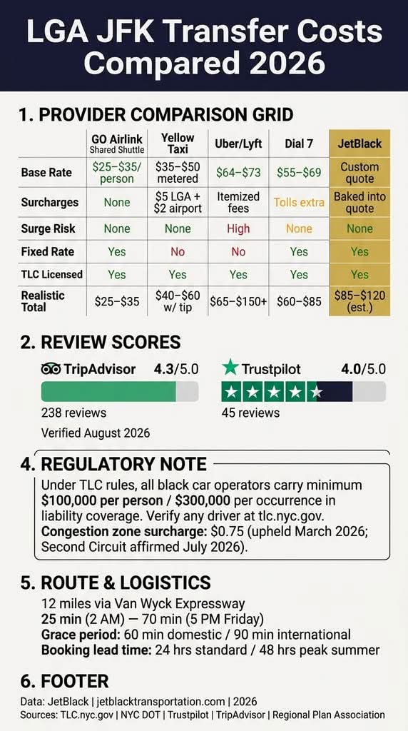 LGA JFK Transfer: 7 Honest Facts for First-Time Visitors in 2026 3 October 8, 2026 Infographic LGA JFK Transfer Costs 2026