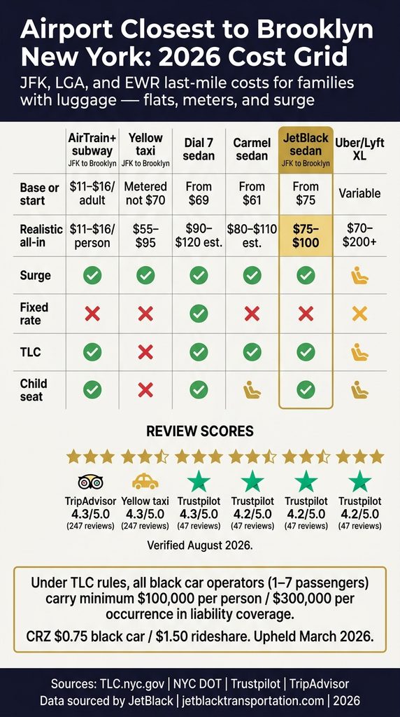 Infographic. Airport closest to Brooklyn New York 2026 JFK, LGA, and EWR transfer costs.