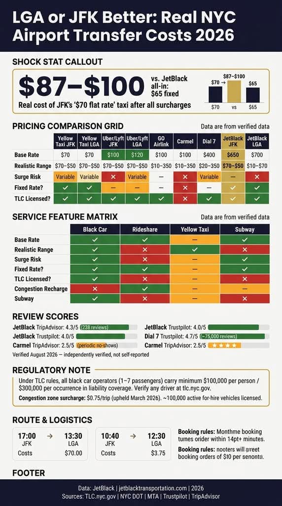  Infographic. LGA or JFK better: real NYC airport transfer costs, reviews, and TLC regulations for business travelers, 2026.