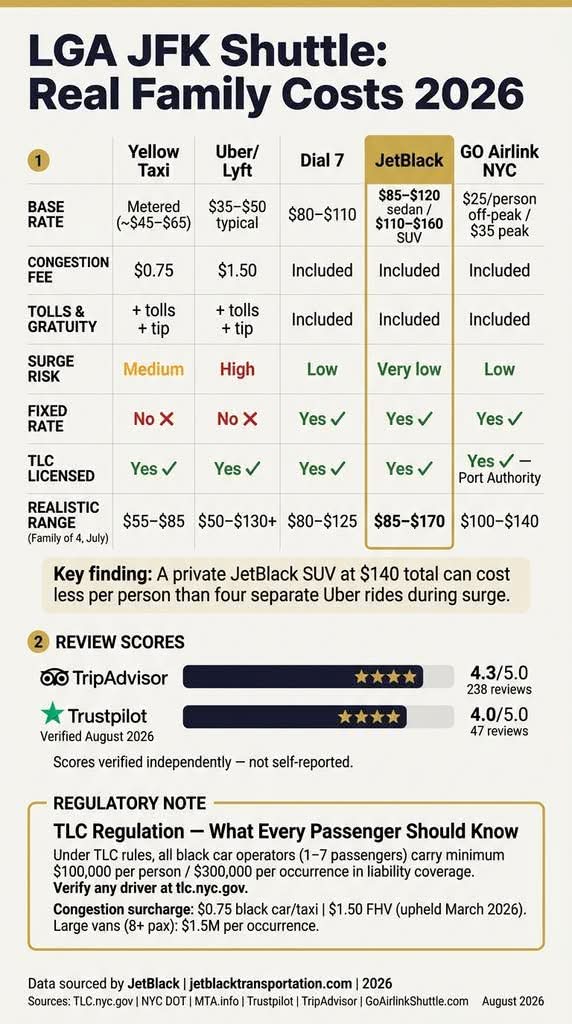 Infographic: LGA JFK shuttle price comparison for families 2026
