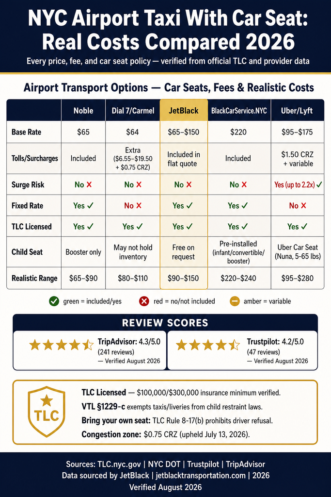  infographic titled “NYC Airport Taxi With Car Seat: Real Costs Compared 2026.” A comparison table shows base rates, tolls and surcharges, surge risk, fixed rates, TLC licensing, child-seat policies, and realistic price ranges for Noble, Dial 7/Carmel, JetBlack, BlackCarService.NYC, and Uber/Lyft. The JetBlack column is highlighted in gold. The infographic also includes TripAdvisor and Trustpilot review scores, a TLC insurance and child-restraint regulation note, and source information in a navy footer.