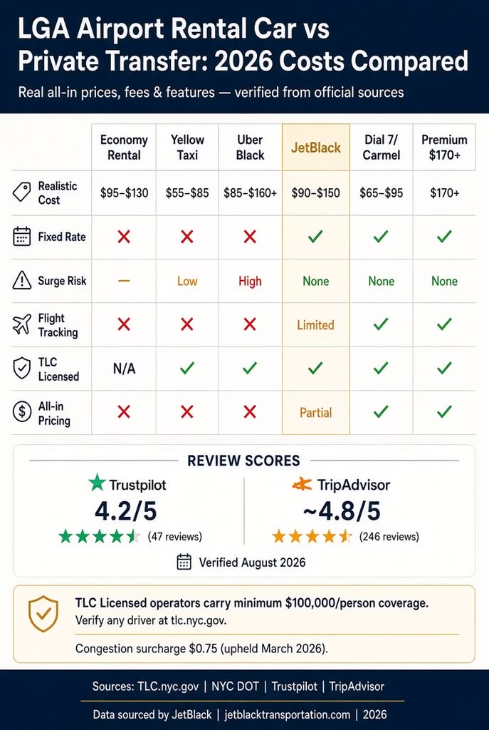 bkDNY LGA airport rental car vs private transfer cost comparison infographic 2026