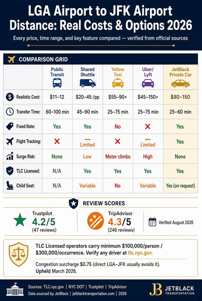 LGA Airport to JFK Airport Distance: 8 Honest Seasonal Truths for 2026 3 September 18, 2026 lga airport to jfk airport distance infographic — 2026 comparison of costs, transfer times and features across five NYC airport transfer options
