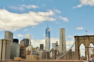 bridge, manhattan, brooklyn, new york, architecture, nature, downtown, view, skyscraper, city, building, skyline, sky, clouds, tourism