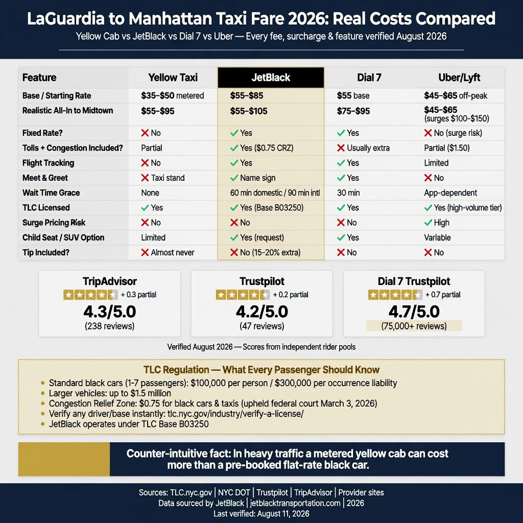 NYC For-Hire Vehicle Landscape comparing black cars, yellow taxis, rideshares, and limos across licensing tier, insurance minimum, surge pricing, and fixed rate availability