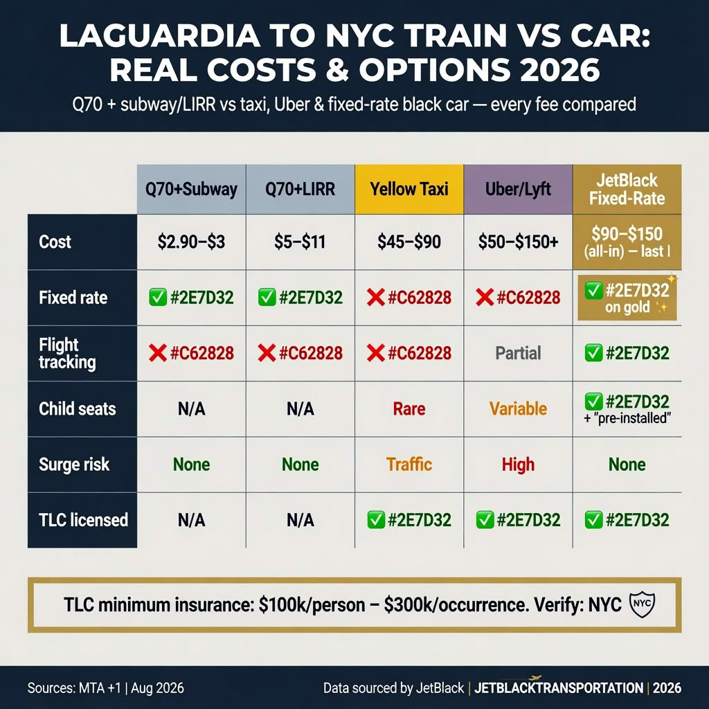 Laguardia To Nyc Train: 5 Honest Options For Families 2026 3 September 17, 2026 Laguardia To Nyc Train Infographic — Q70 Bus, Lirr Woodside, Fixed Rate Car Service Lga Cost Comparison 2026