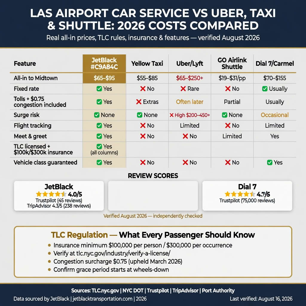 NYC For-Hire Vehicle Landscape comparing black cars, taxis, rideshares, and limos across licensing tier, insurance minimum, surge pricing, fixed rate availability, and TLC oversight
