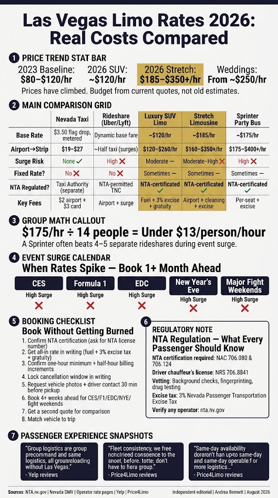 Las Vegas Limo Rates 2026: 7 Honest Numbers to Know 3 September 23, 2026 Infographic las vegas limo rates