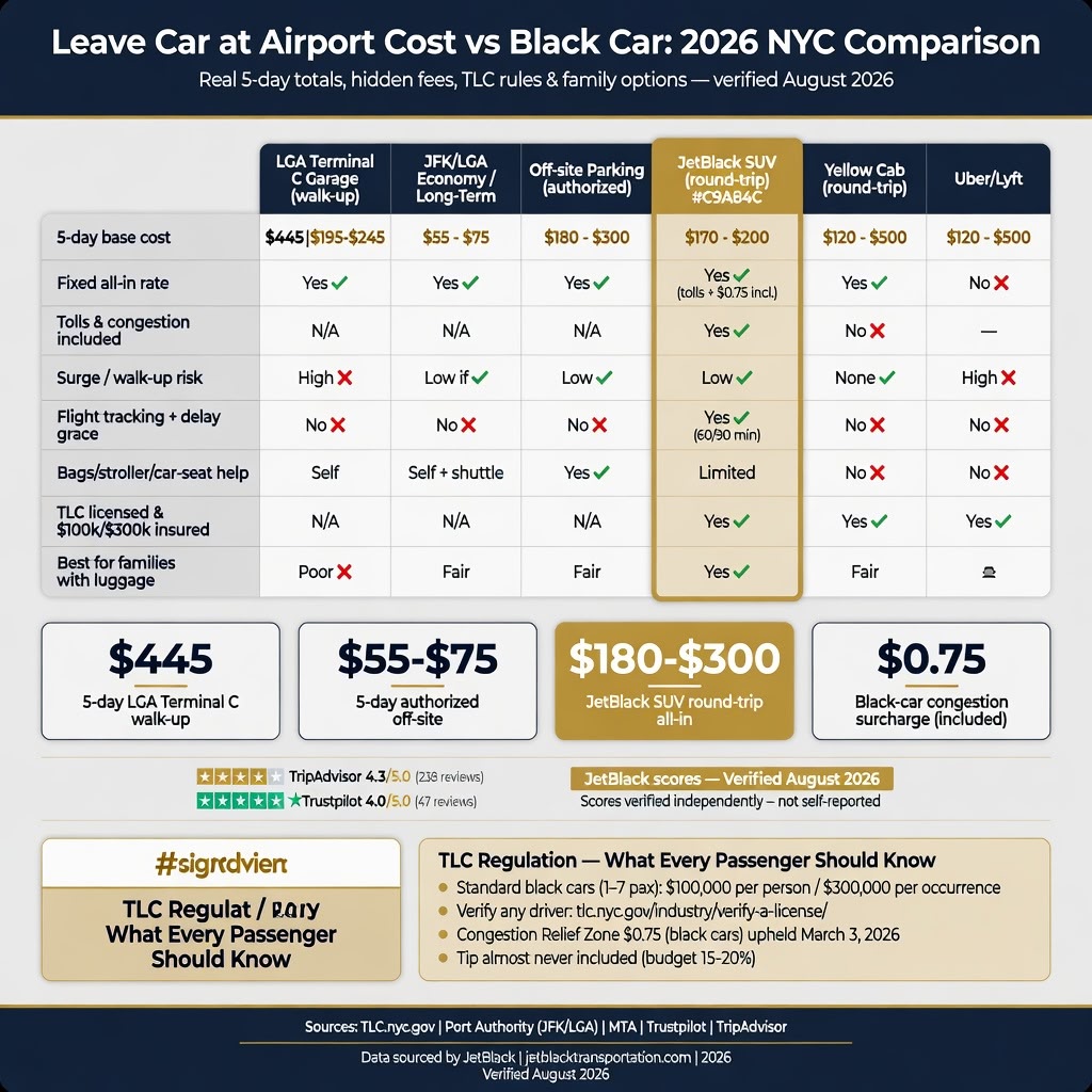 NYC FHV Landscape NYC For-Hire Vehicle Landscape comparing black cars, yellow taxis, rideshares, and limos across licensing tier, insurance minimum, surge pricing, fixed rate availability, and TLC oversight