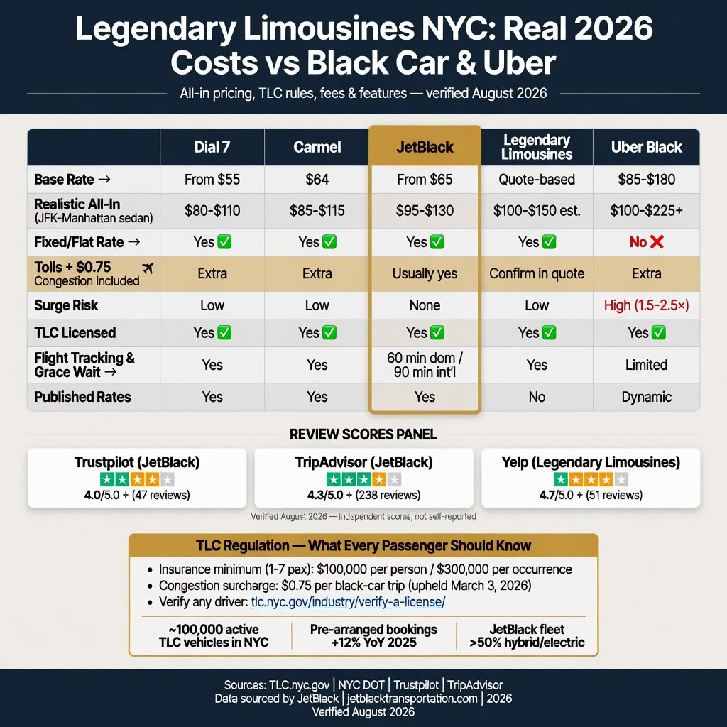 NYC For-Hire Vehicle Landscape NYC For-Hire Vehicle Landscape comparing black cars, yellow taxis, rideshares, and limos across licensing tier, insurance minimum, surge pricing, fixed rate availability, and TLC oversight