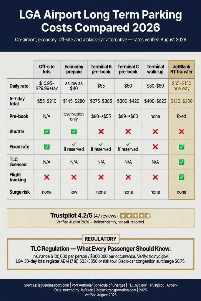 LGA Airport Long Term Parking: 7 Honest Facts for 2026 3 October 10, 2026 infographic NYC For-Hire Vehicle Landscape comparing black cars, taxis, rideshares and parking options at LGA