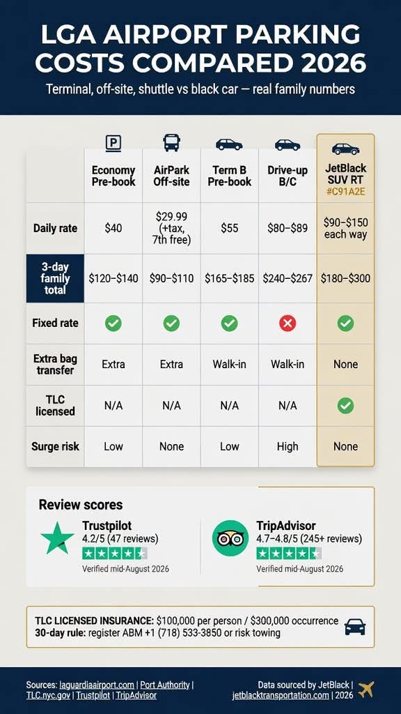infographic NYC For-Hire Vehicle Landscape comparing black cars, yellow taxis, ride shares, and limos across licensing, insurance, surge, fixed rate, TLC oversight