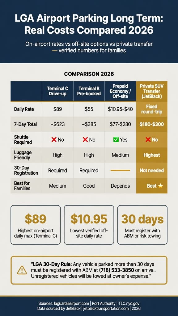 NYC For-Hire Vehicle Landscape comparing black cars yellow taxis rideshares and limos for LGA airport parking long term decisions infographic