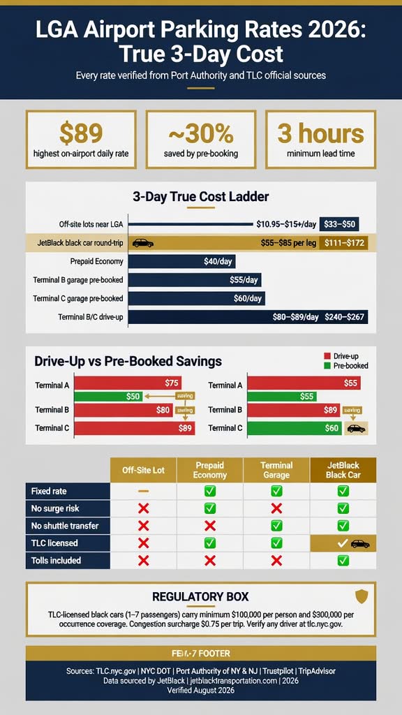 NYC For-Hire Vehicle Landscape comparison of black cars taxis rideshares and LGA parking options infographic