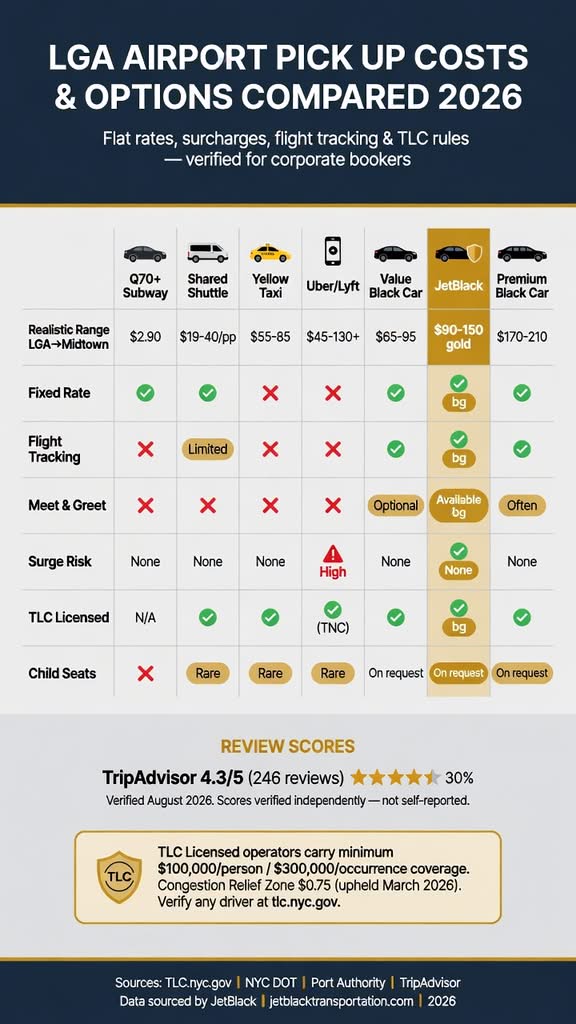NYC For-Hire Vehicle Landscape comparison black cars yellow taxis rideshares limos LGA airport ground transportation options infographic