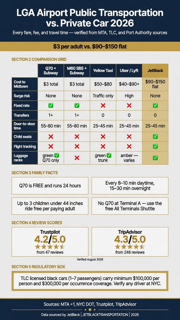NYC For-Hire Vehicle Landscape comparing black cars, taxis, rideshares, and limos for LGA infographic
