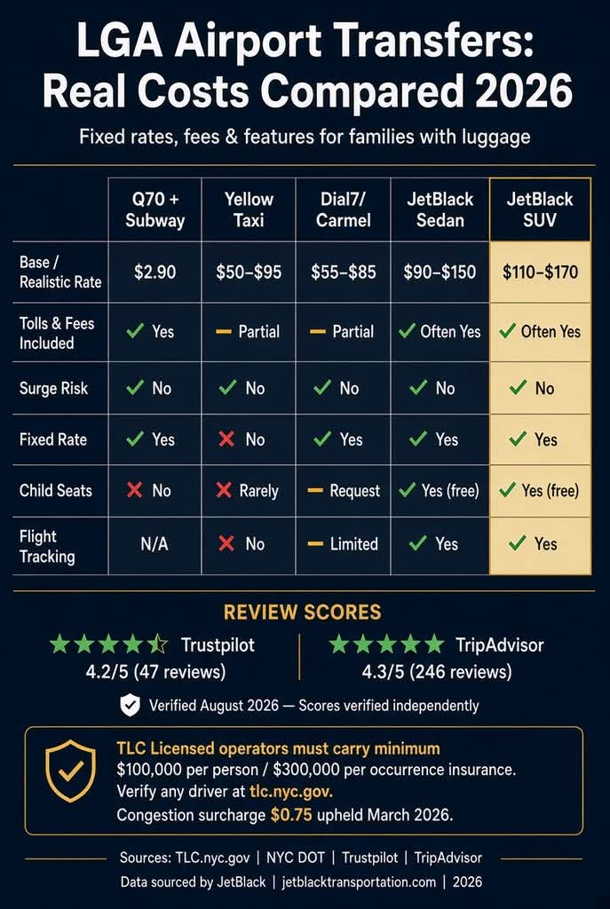 NYC For-Hire Vehicle Landscape comparing black cars yellow taxis rideshares limos licensing insurance surge fixed rate TLC oversight infographic