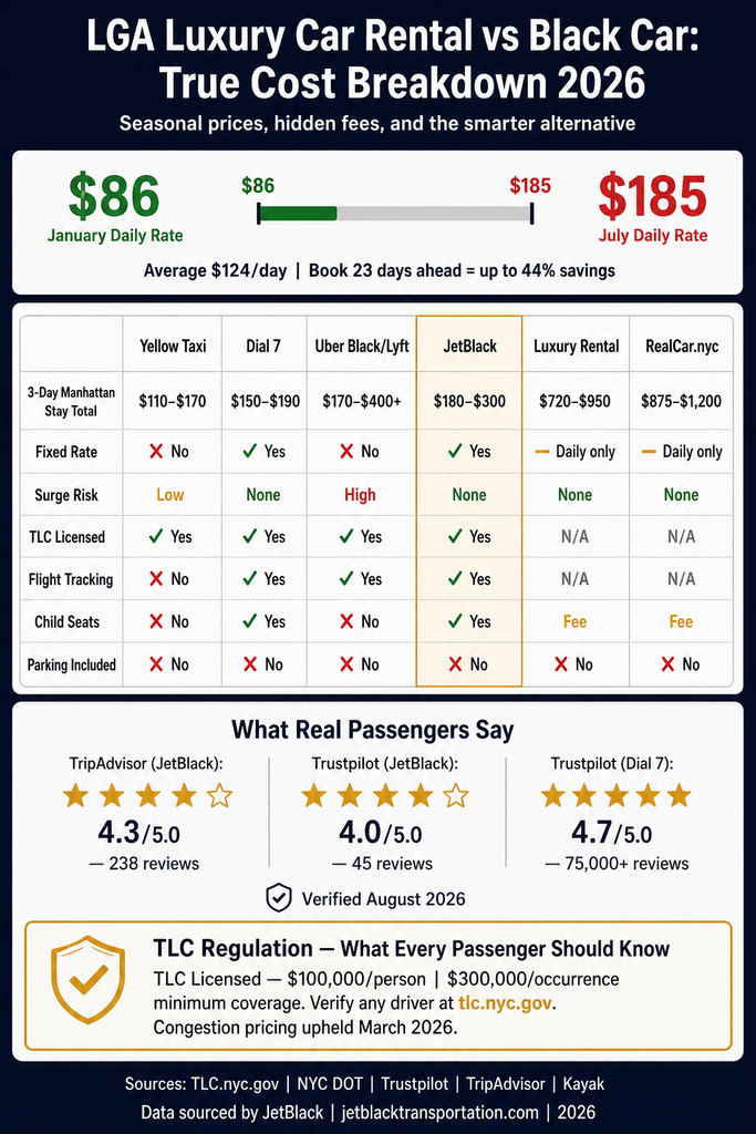 NYC For-Hire Vehicle Landscape NYC For-Hire Vehicle Landscape comparing black cars, yellow taxis, rideshares, and limos across licensing tier, insurance minimum, surge pricing, fixed rate availability, and TLC oversight infographic
