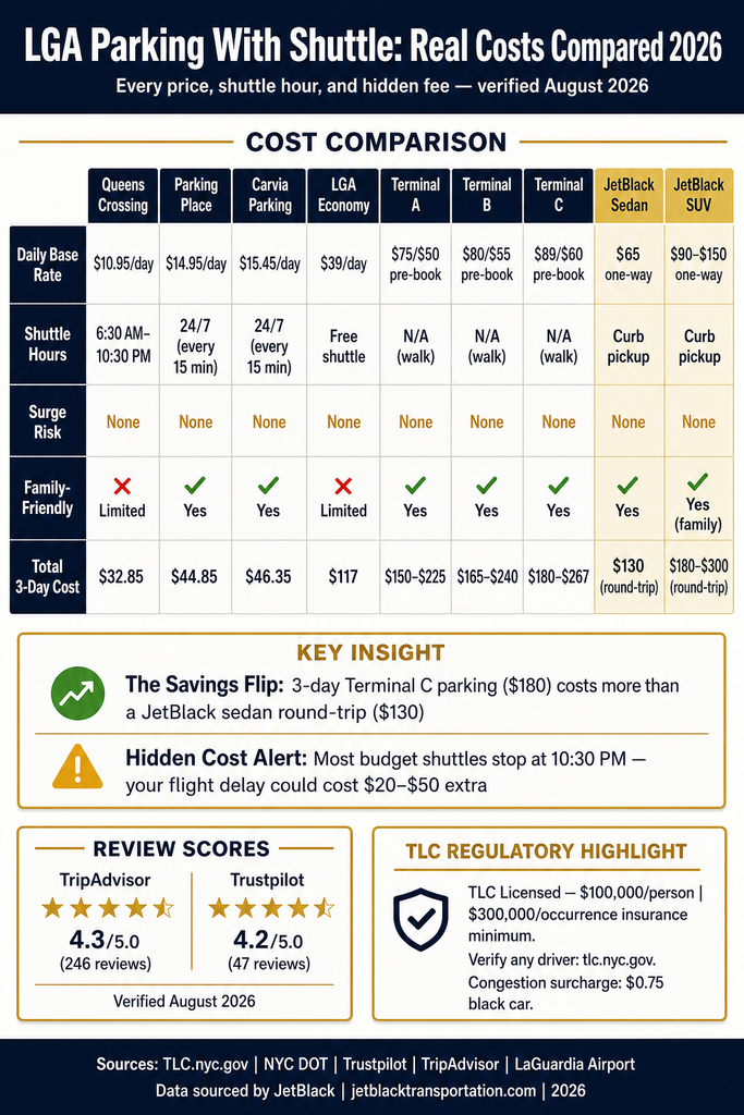 NYC For-Hire Vehicle Landscape comparison chart showing black cars, yellow taxis, rideshares, and limos across licensing tier, insurance minimum, surge pricing, fixed rate availability, and TLC oversight infographic