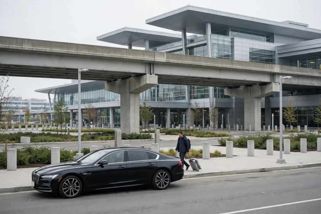 JFK airport limo service: black sedan staged at a JFK terminal curb under the AirTrain track as a traveler walks up with a rolling suitcase