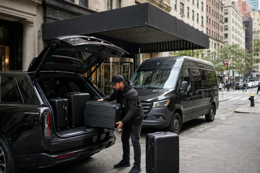 black SUV and Sprinter van from the JFK transfer fleet loading cruise luggage at a Manhattan hotel entrance