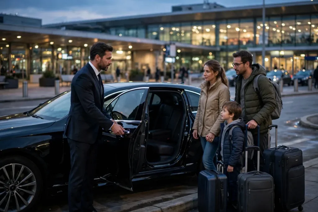 chauffeur in a suit opening the rear door of a black sedan for a family with suitcases at a JFK arrivals curb at dusk