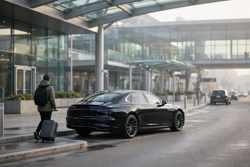 airport limo service JFK: black sedan waiting at the JFK terminal departures curb as a traveler approaches with a rolling suitcase