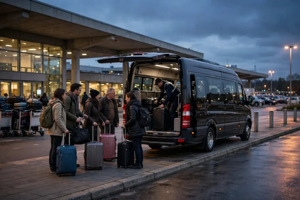 driver loading a group's suitcases into the back of a black Sprinter van at a JFK terminal curb at dusk