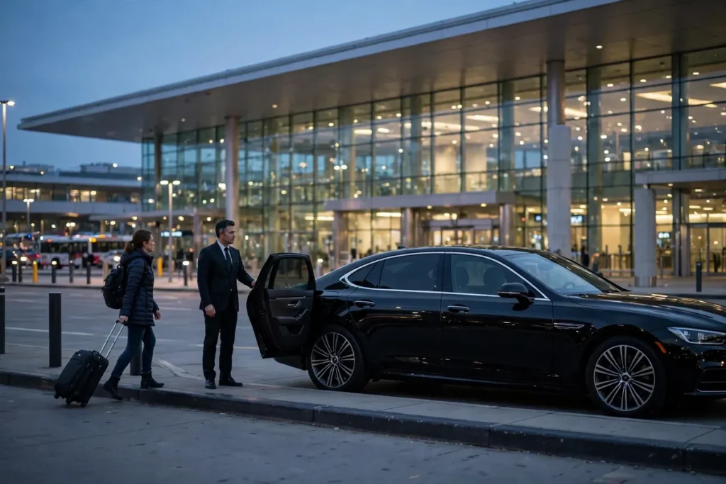 Airport pickup service: a black sedan waiting at the JFK arrivals curb at dusk as a traveler approaches with a rolling suitcase