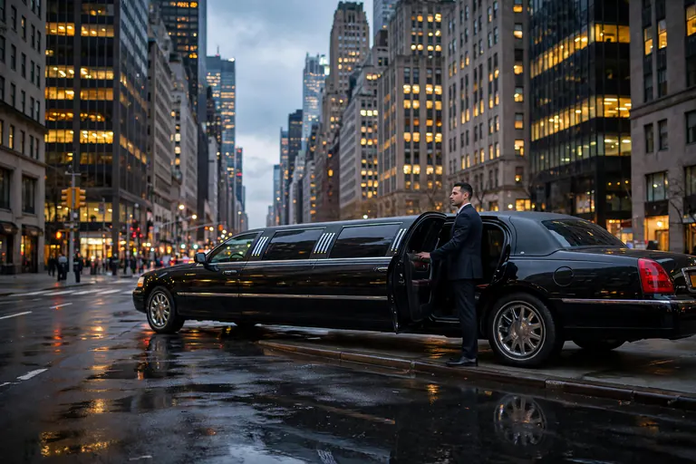 limo service in nyc: black stretch limousine at a Midtown Manhattan curb at dusk, chauffeur holding the rear door open
