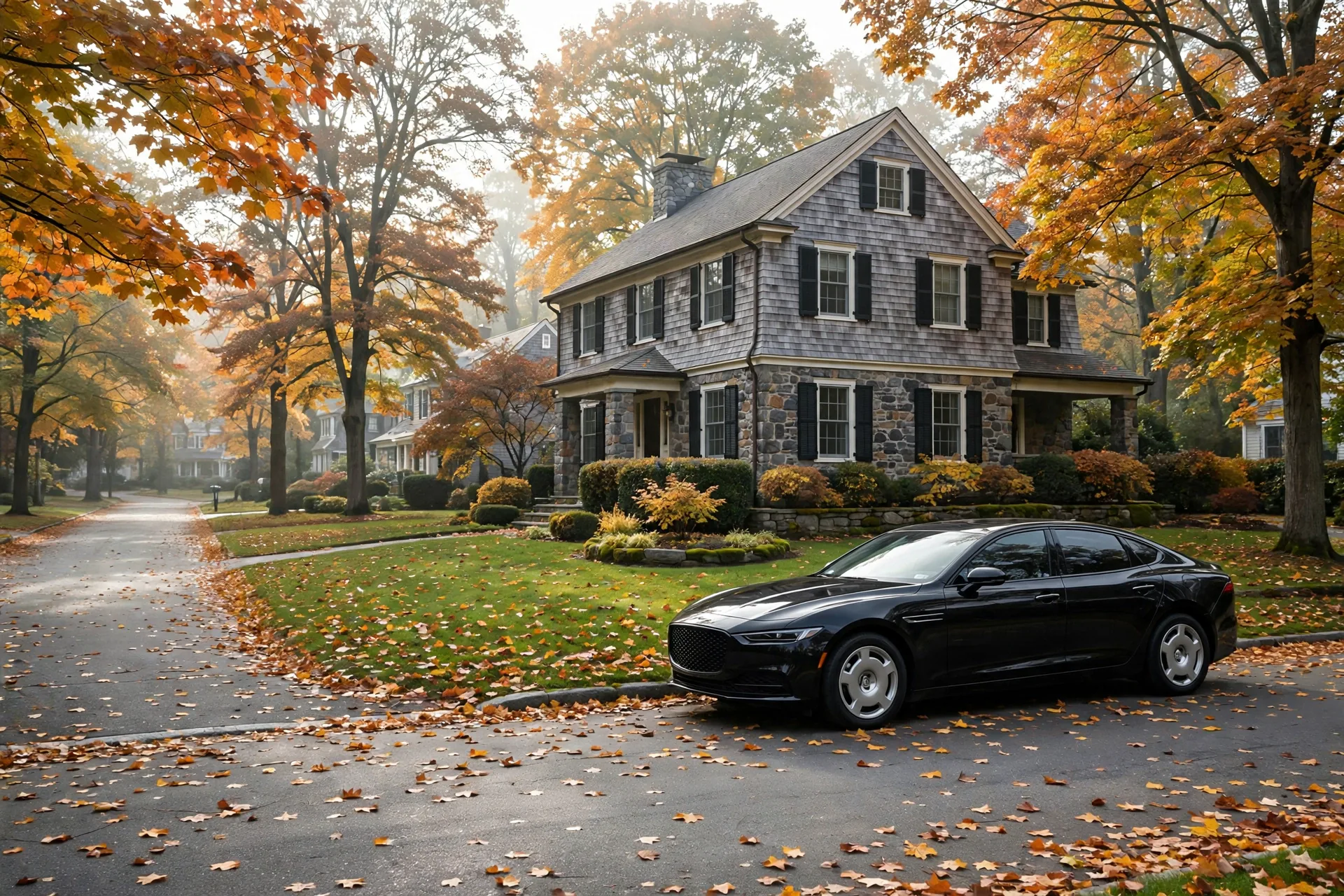limo from JFK to Olive NY: black sedan waiting at the curb on a tree-lined street